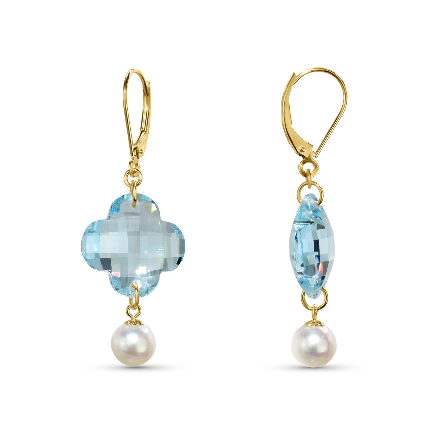 14k Blue Topaz Clover Pearl Leverback Earring