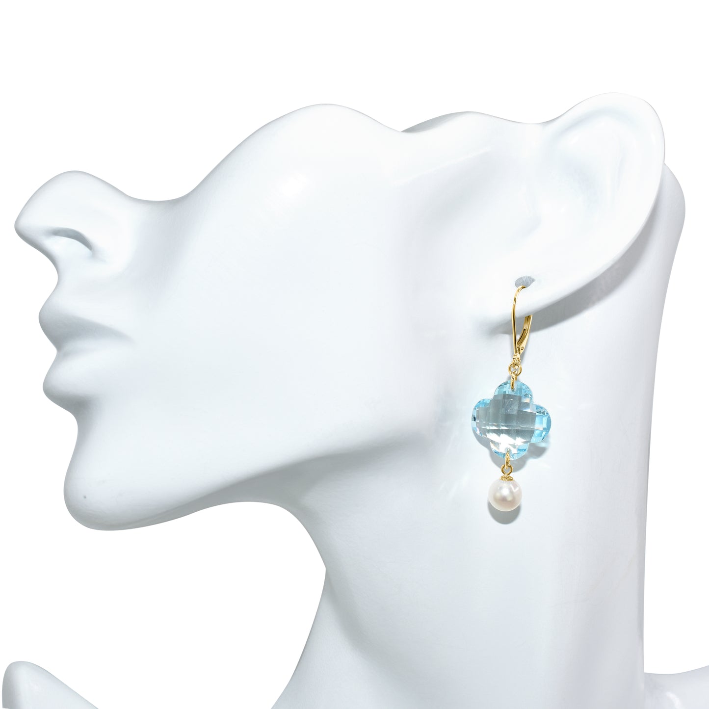 14k Blue Topaz Clover Pearl Leverback Earring