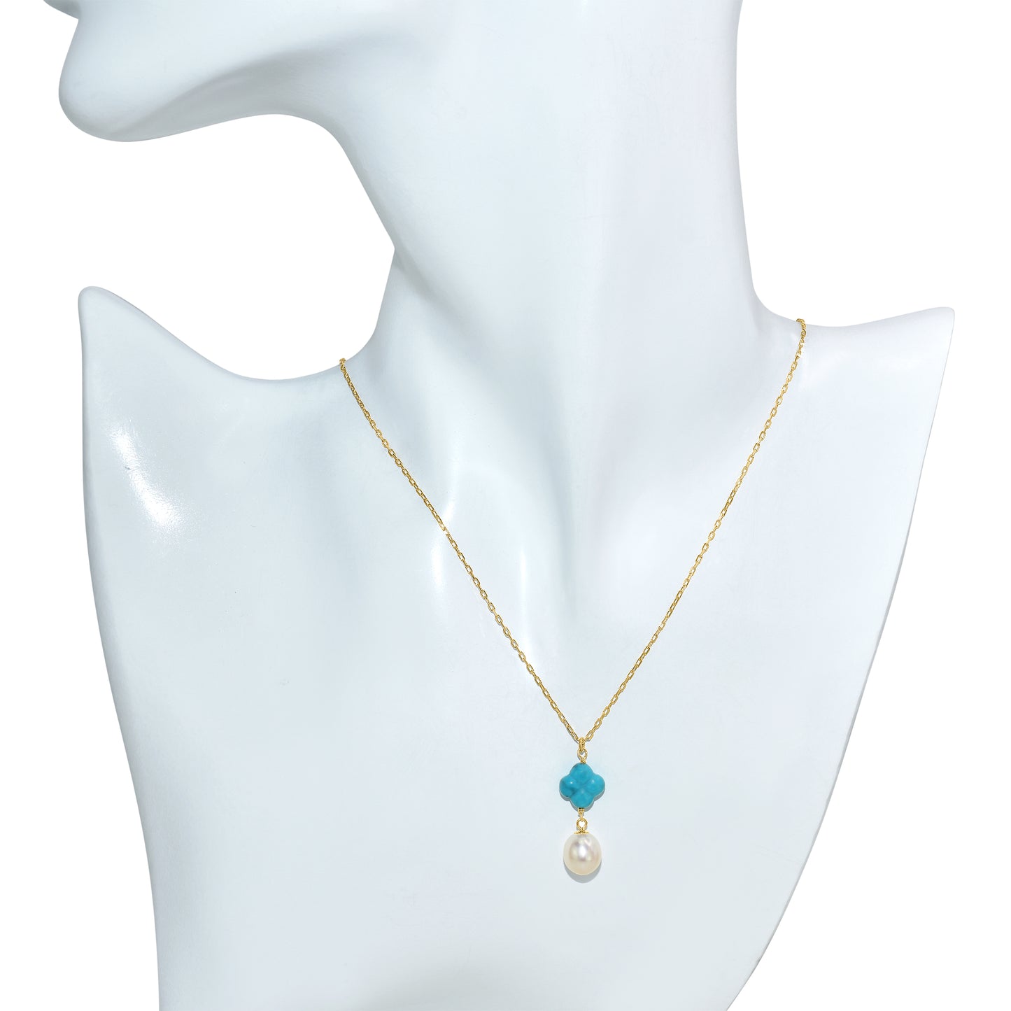 14k White Pearl Turquoise Flower Pendant Necklace