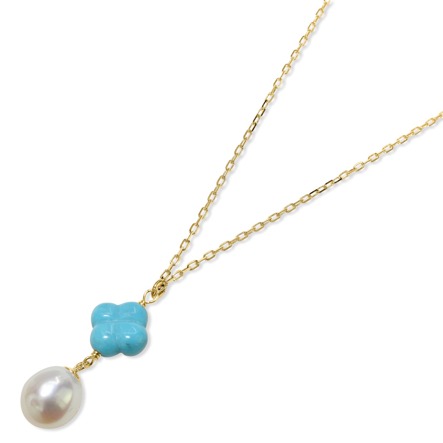 14k White Pearl Turquoise Flower Pendant Necklace