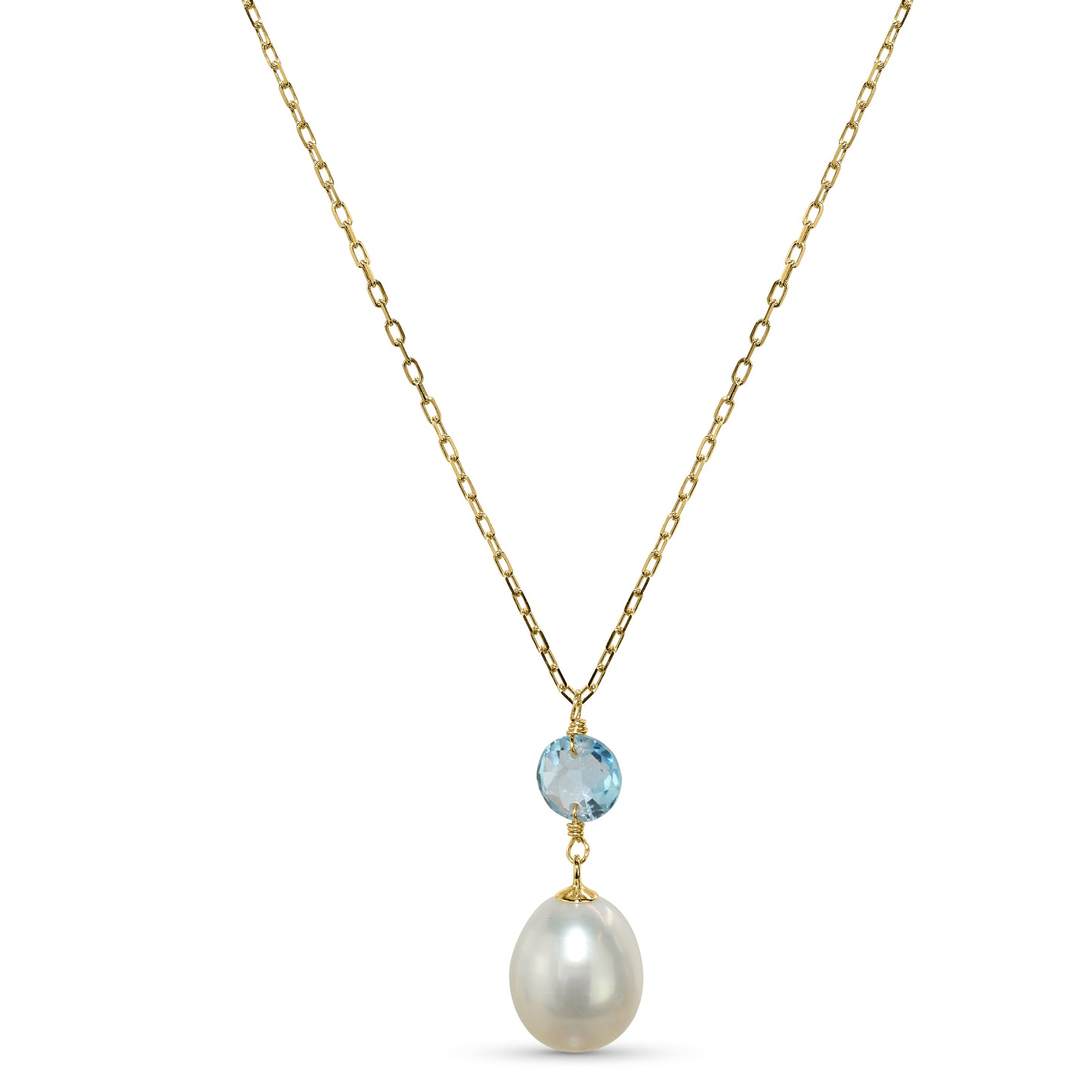 14k White Pearl Swiss Blue Topaz Pendant Necklace