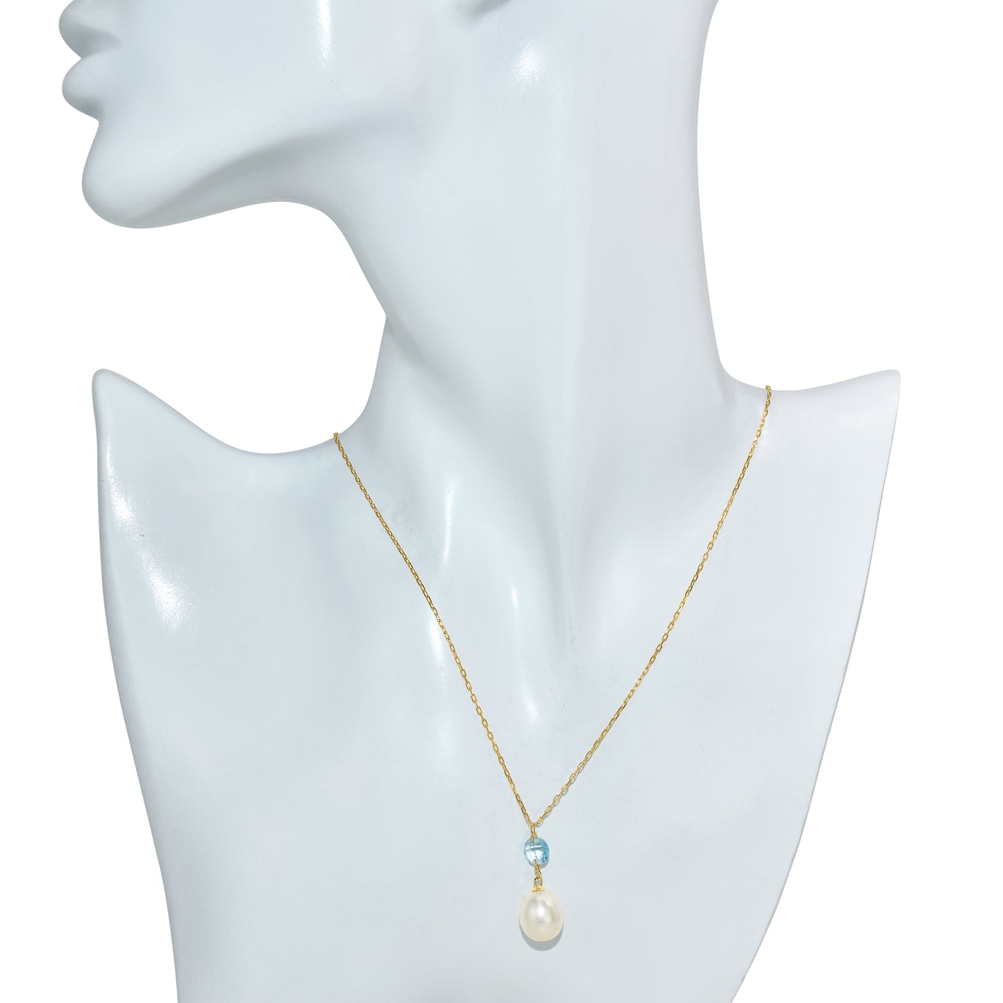 14k White Pearl Swiss Blue Topaz Pendant Necklace