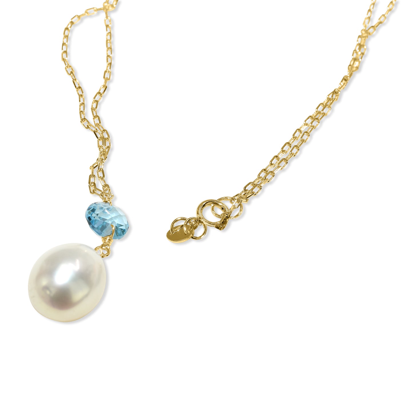 14k White Pearl Swiss Blue Topaz Pendant Necklace