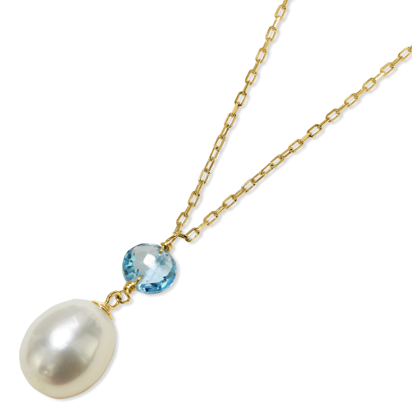 14k White Pearl Swiss Blue Topaz Pendant Necklace