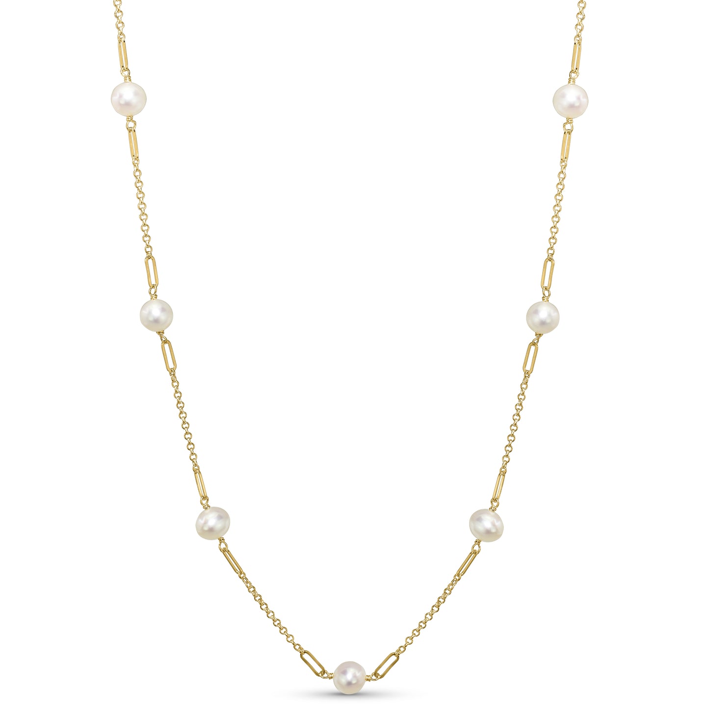 14k White Pearl Paperclip Station Necklace