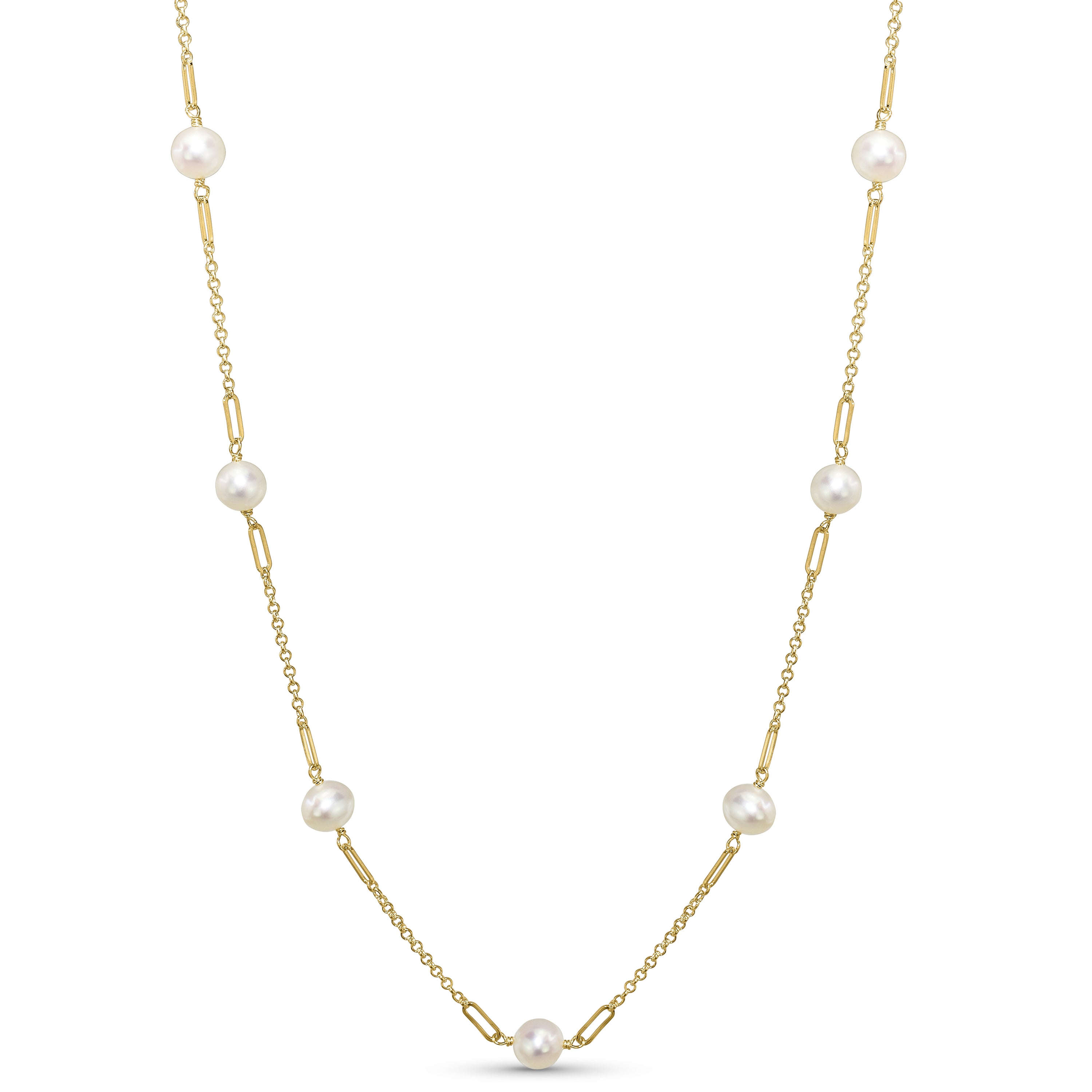 14k White Pearl Paperclip Station Necklace