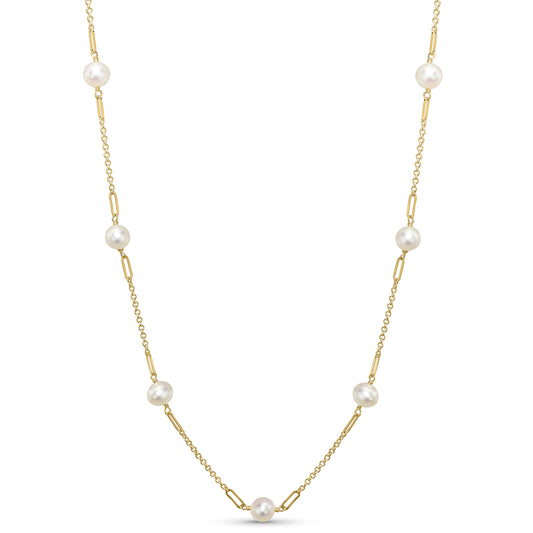 14k White Pearl Paperclip Station Necklace