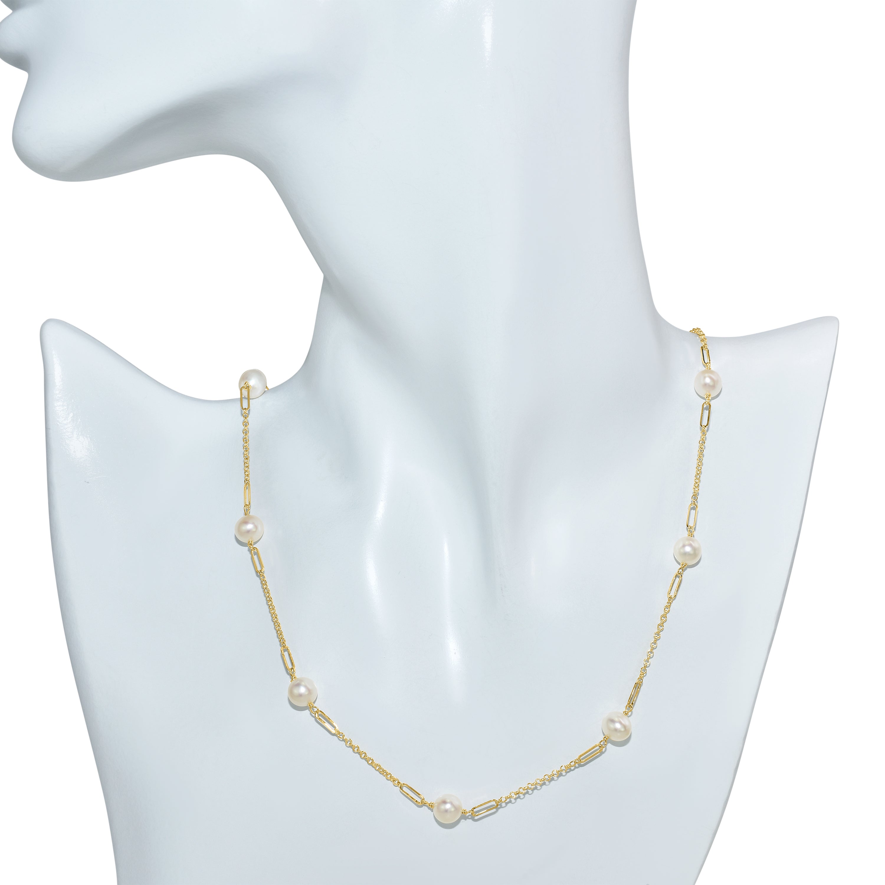 14k White Pearl Paperclip Station Necklace
