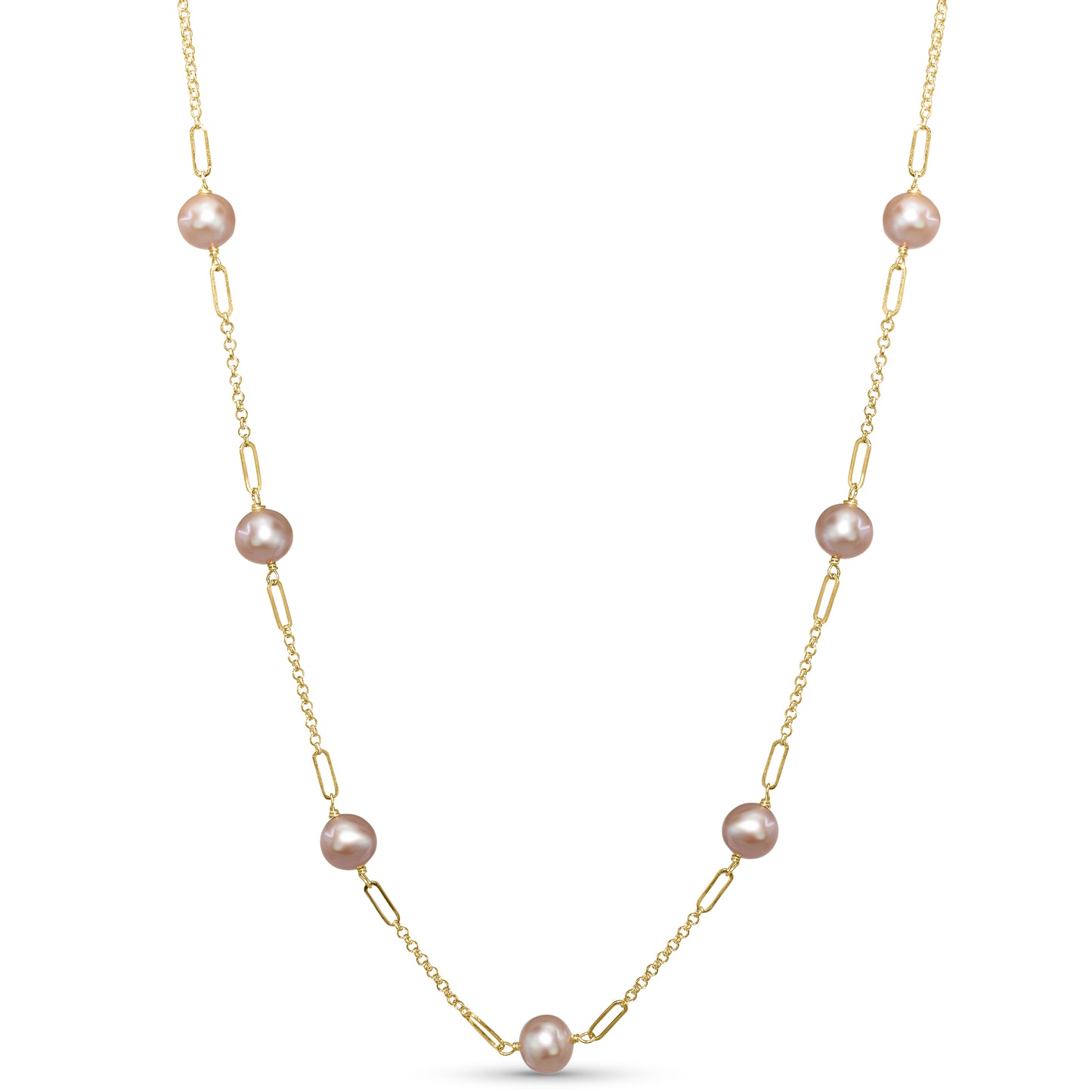 14k Natural Pink Pearl Paperclip Station Necklace