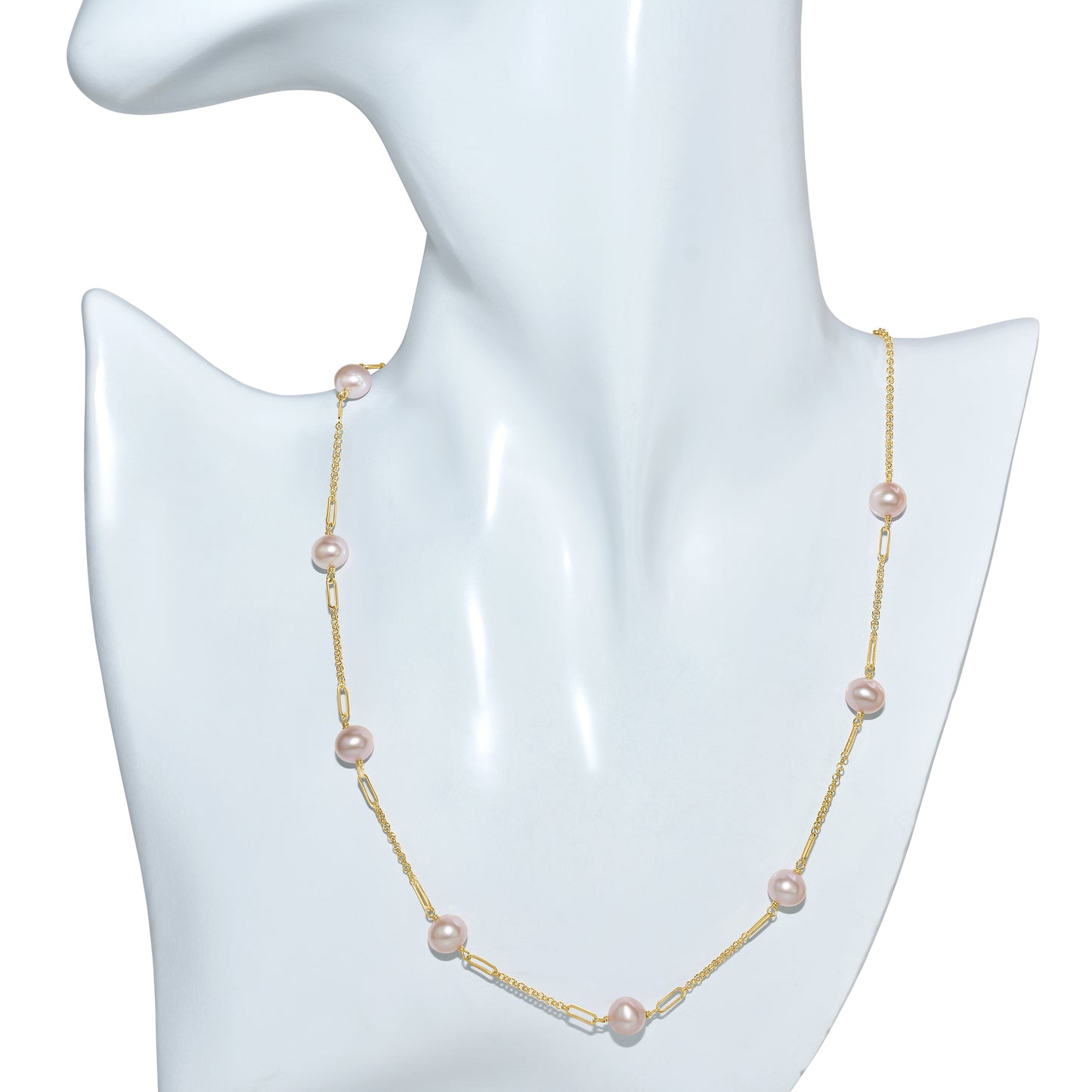 14k Natural Pink Pearl Paperclip Station Necklace