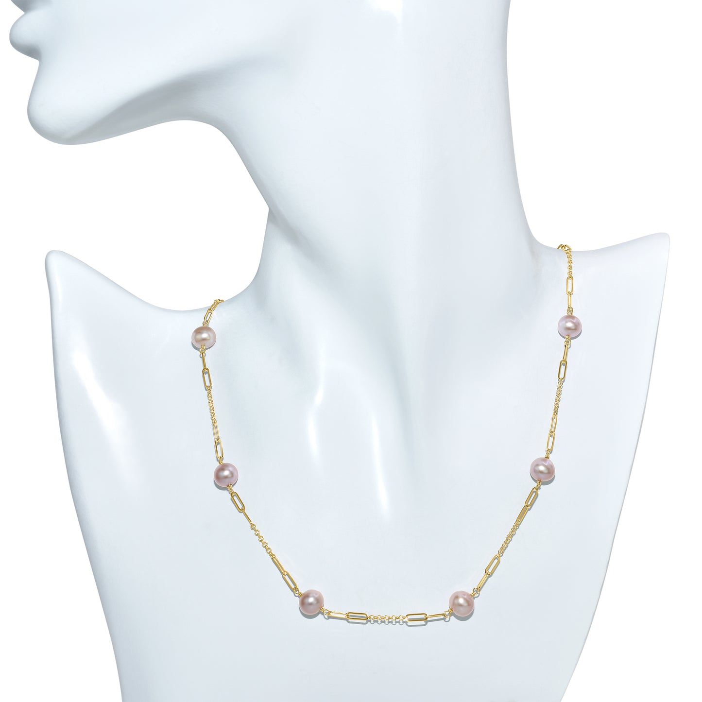 14k Pink Pearl Paperclip 7 Station Necklace