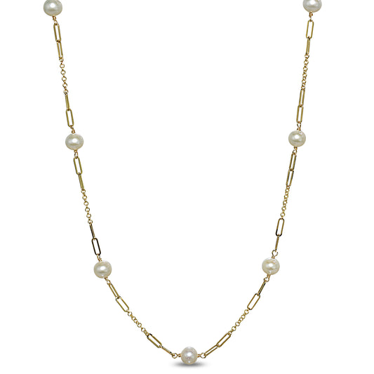 14k White Pearl Paperclip 7 Station Necklace