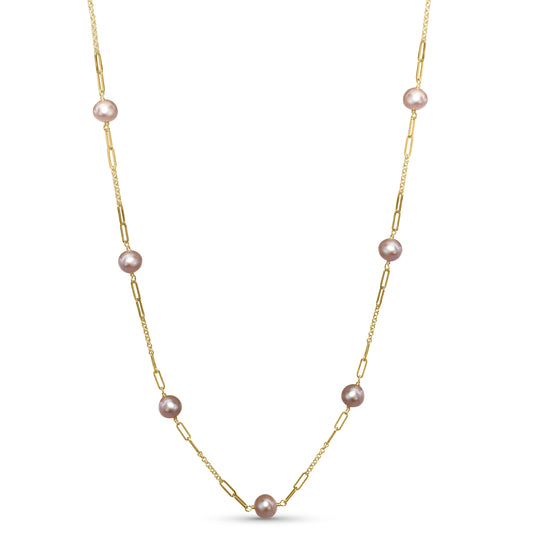 14k Pink Pearl Paperclip 7 Station Necklace