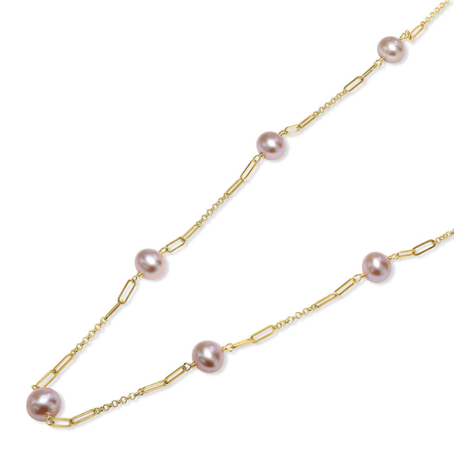 14k Pink Pearl Paperclip 7 Station Necklace