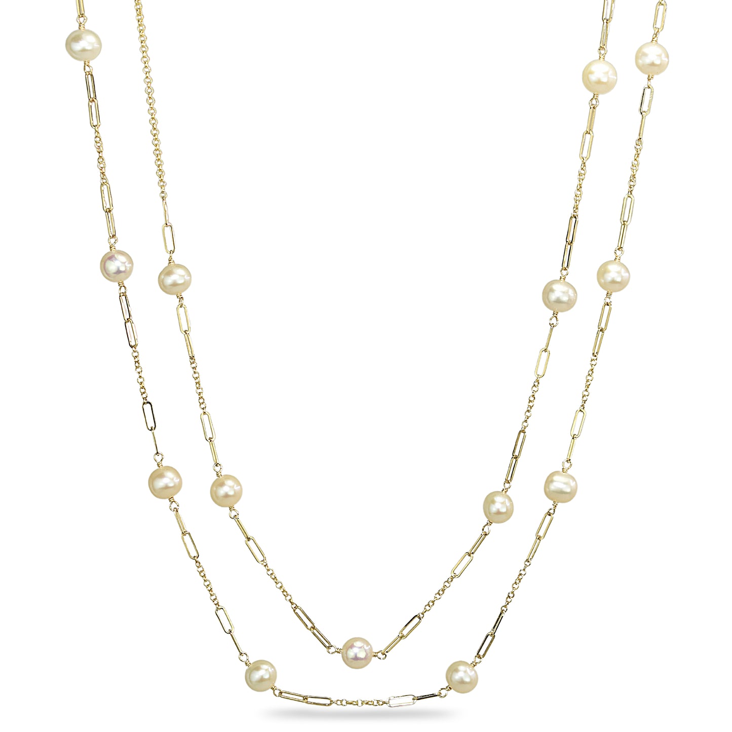 14k White Pearl Paperclip Station Necklace