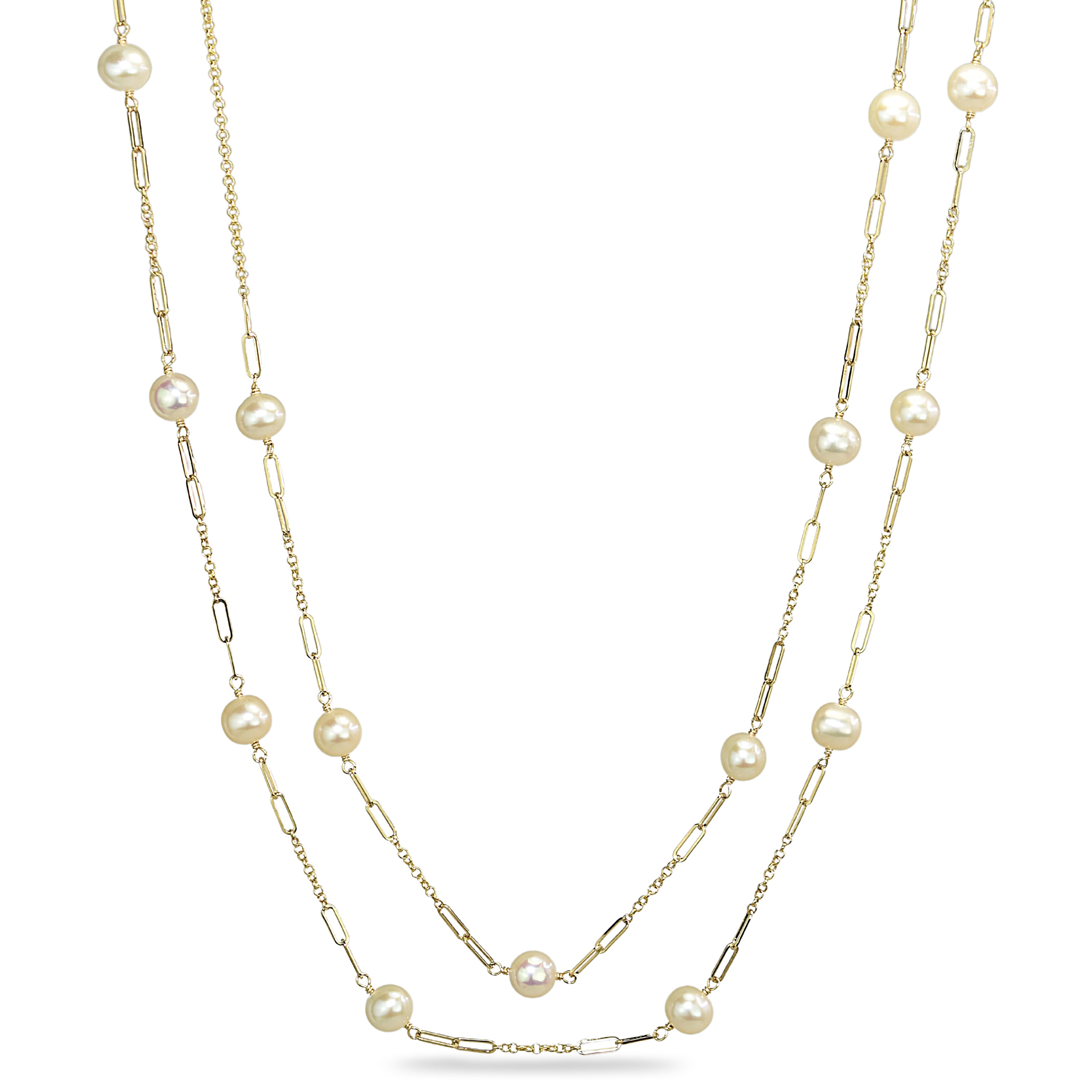 14k White Pearl Paperclip Station Necklace