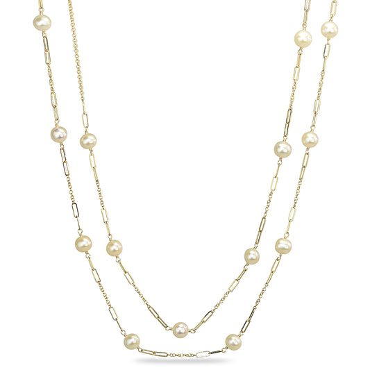 14k White Pearl Paperclip Station Necklace