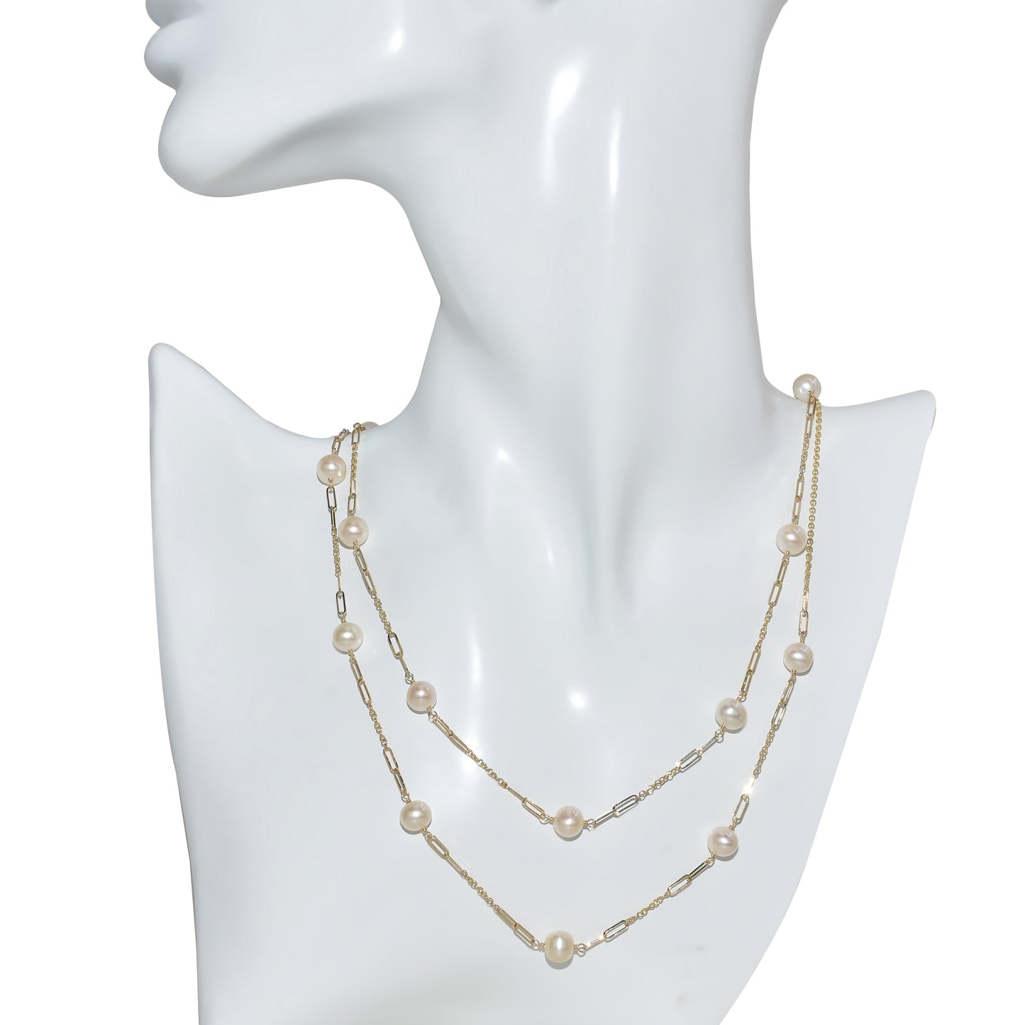 14k White Pearl Paperclip Station Necklace