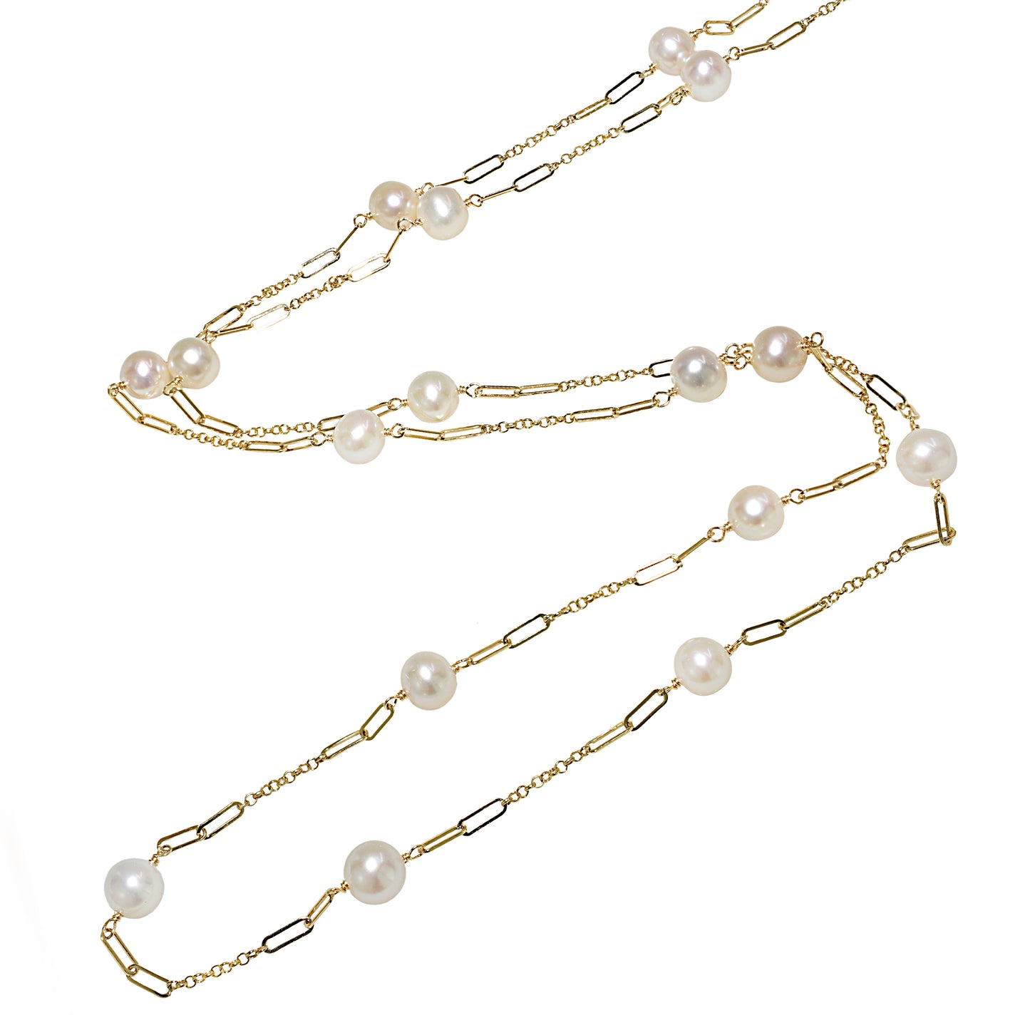 14k White Pearl Paperclip Station Necklace