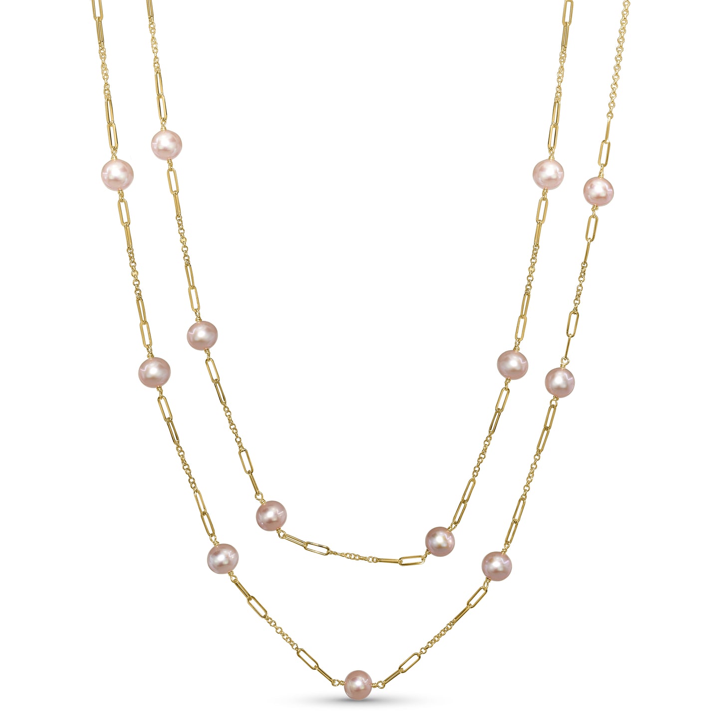 14k Natural Pink Pearl Paperclip Station Necklace