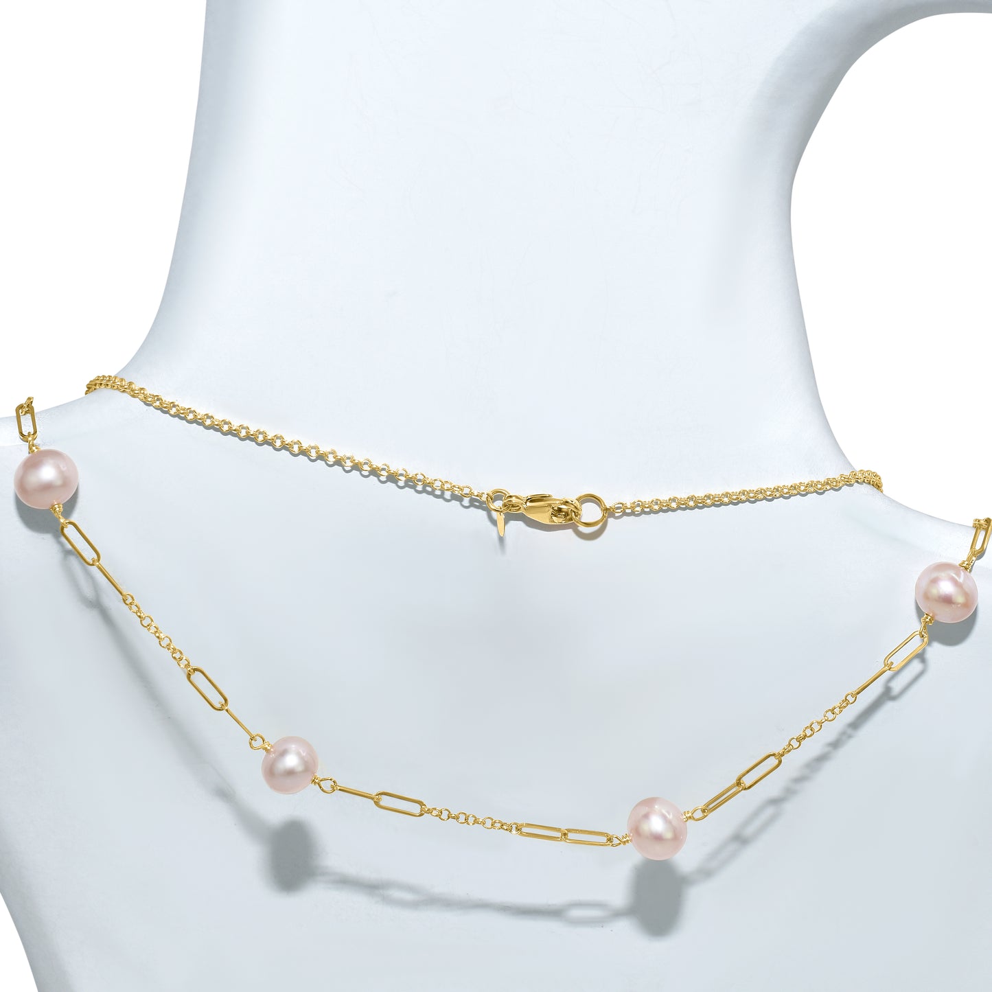 14k Natural Pink Pearl Paperclip Station Necklace