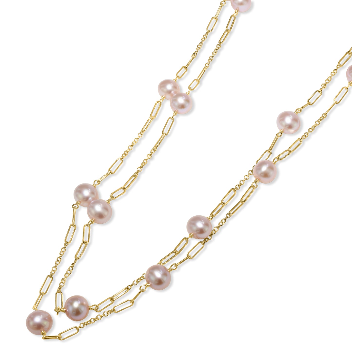 14k Natural Pink Pearl Paperclip Station Necklace