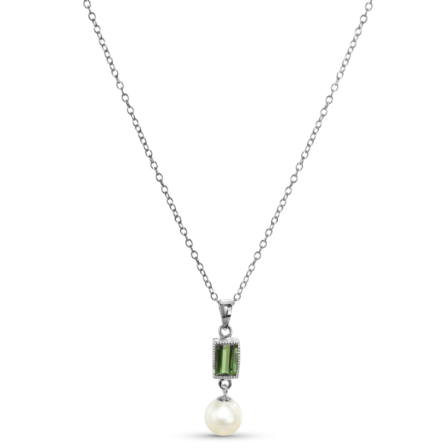 14k White Gold White Pearl Green Tourmaline Pendant Necklace