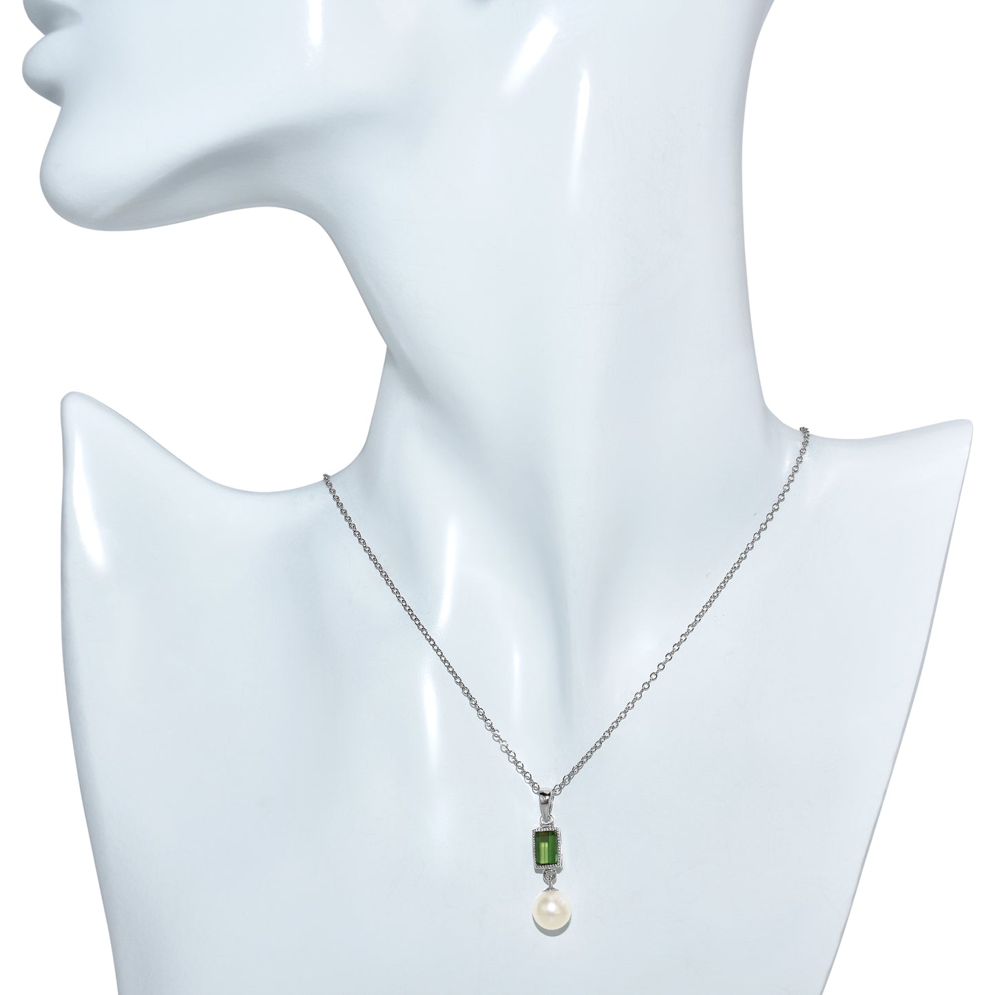 14k White Gold White Pearl Green Tourmaline Pendant Necklace