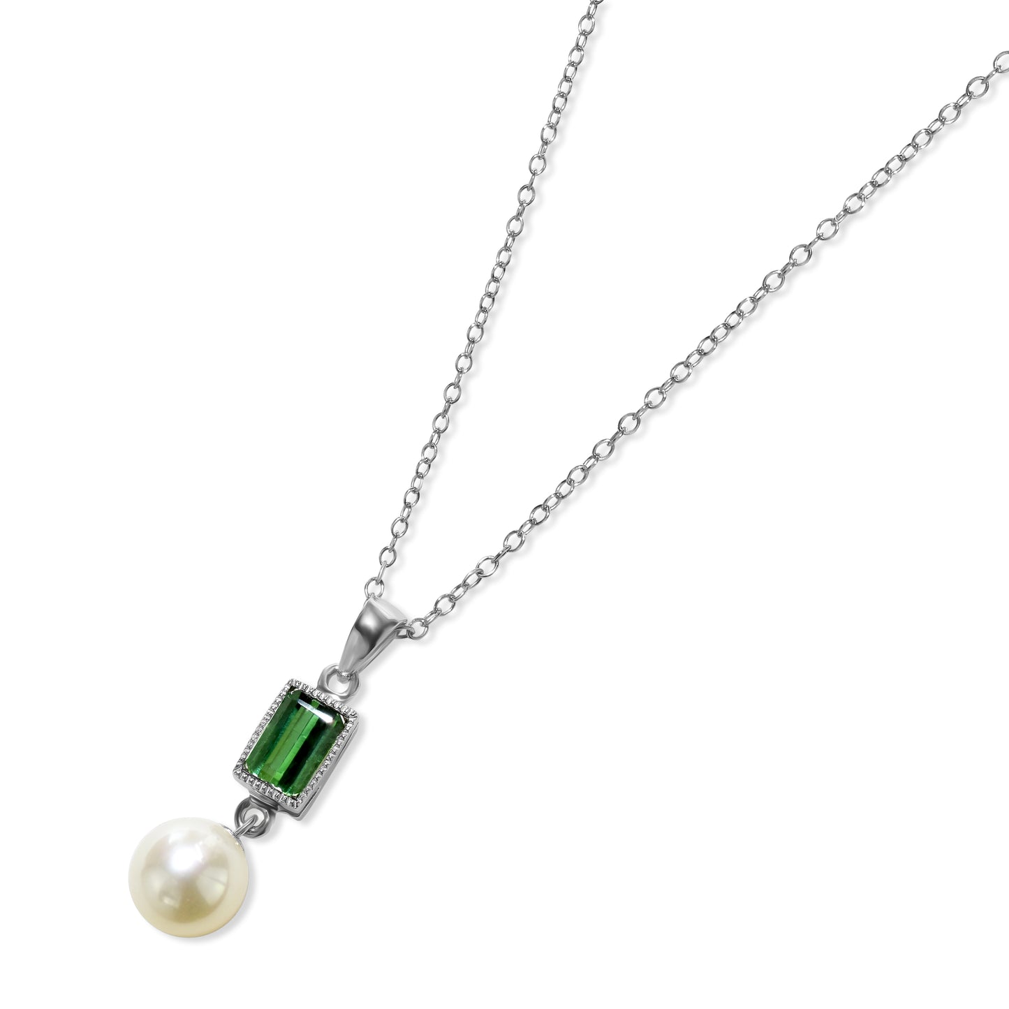 14k White Gold White Pearl Green Tourmaline Pendant Necklace