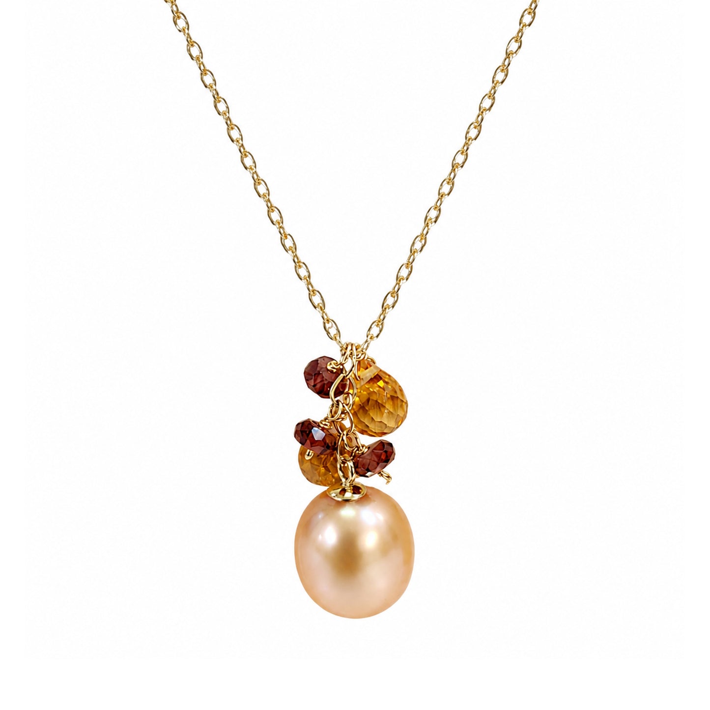 14k Champagne Fresh Water Pearl Garnet Citrine Pendant Necklace