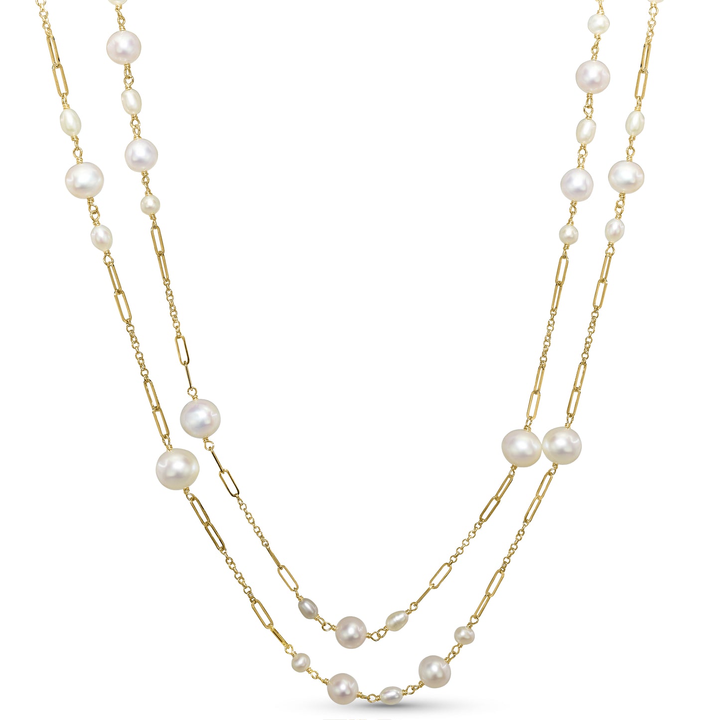 14k White Pearl Paperclip Station Necklace