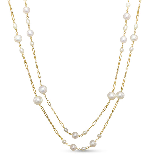 14k White Pearl Paperclip Station Necklace