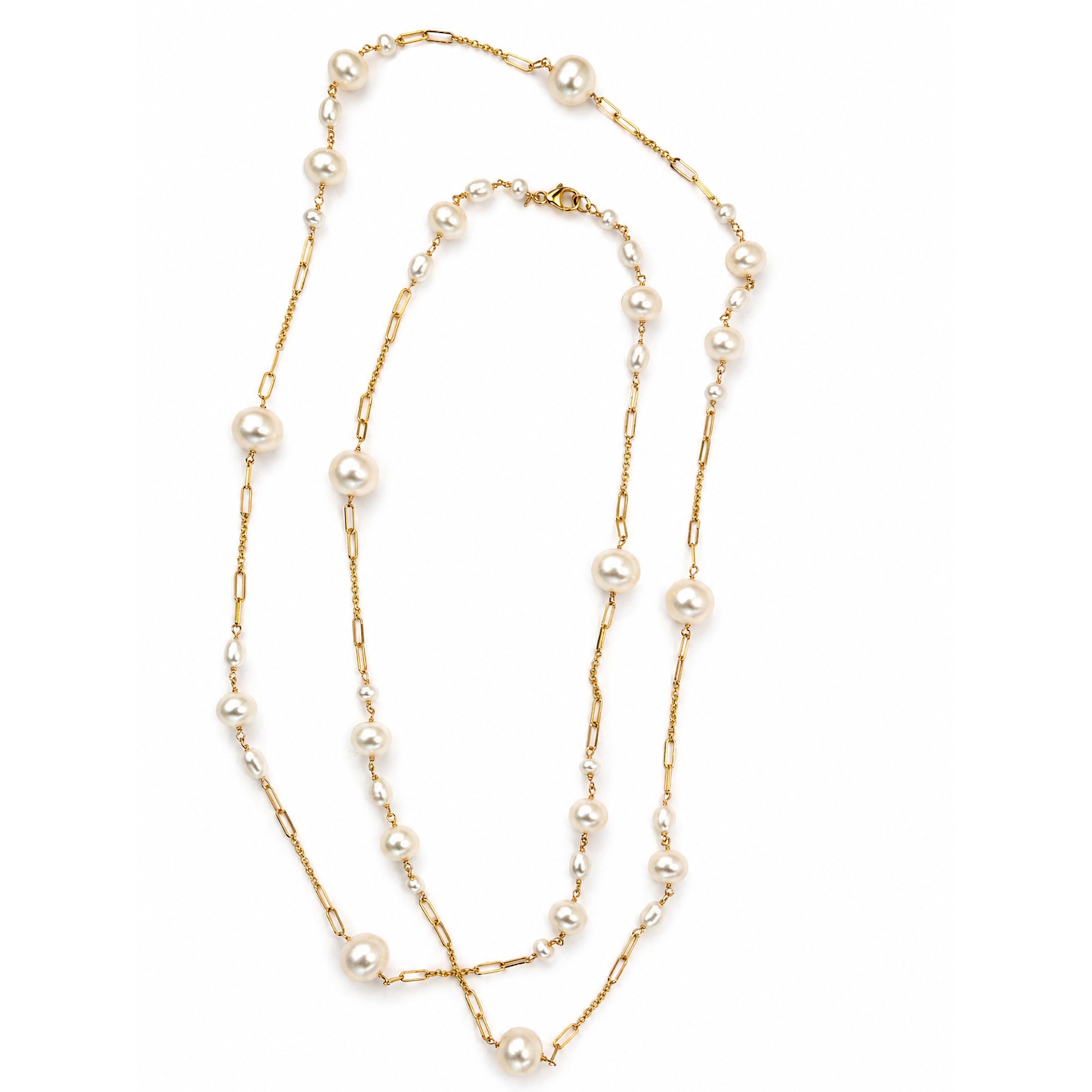 14k White Pearl Paperclip Station Necklace