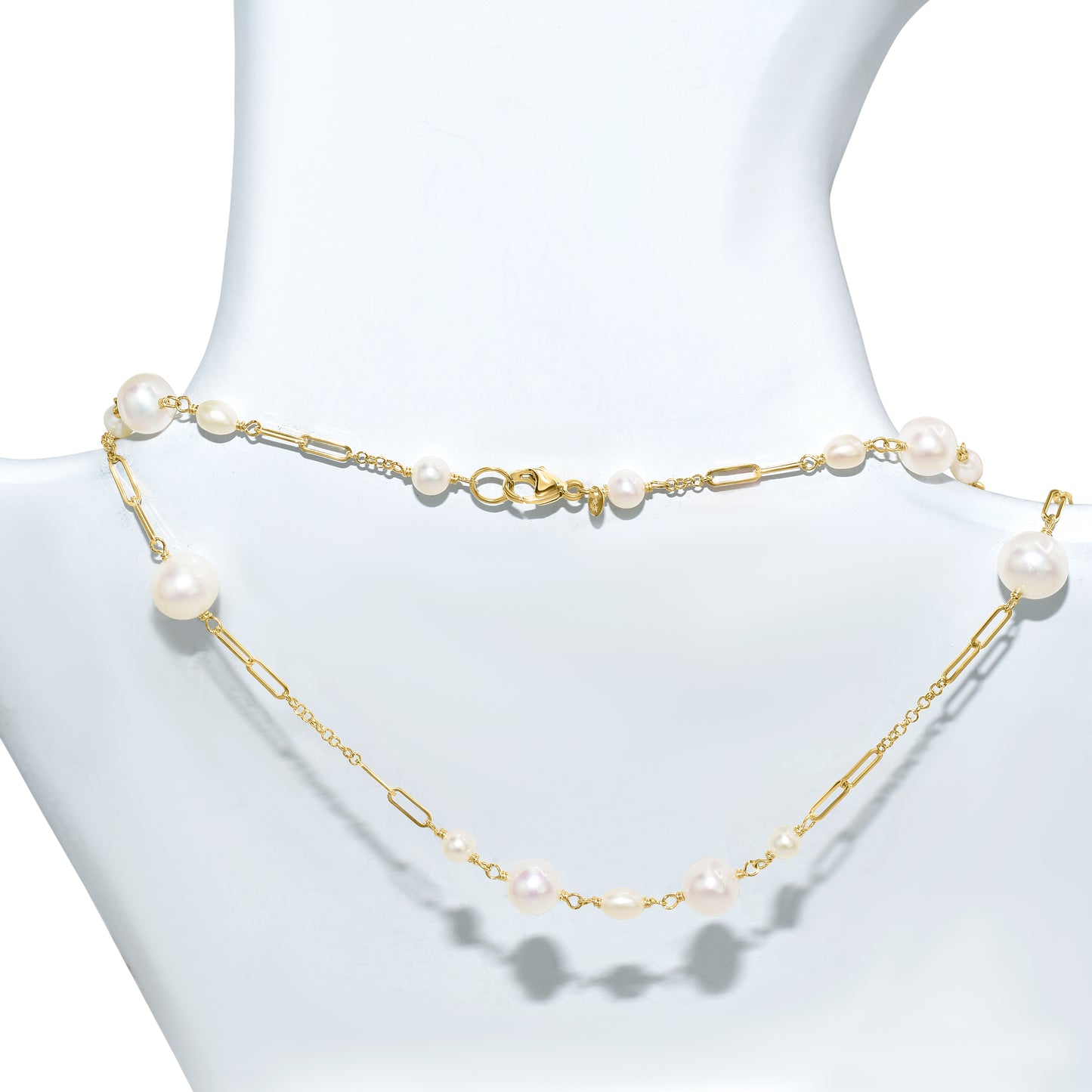 14k White Pearl Paperclip Station Necklace