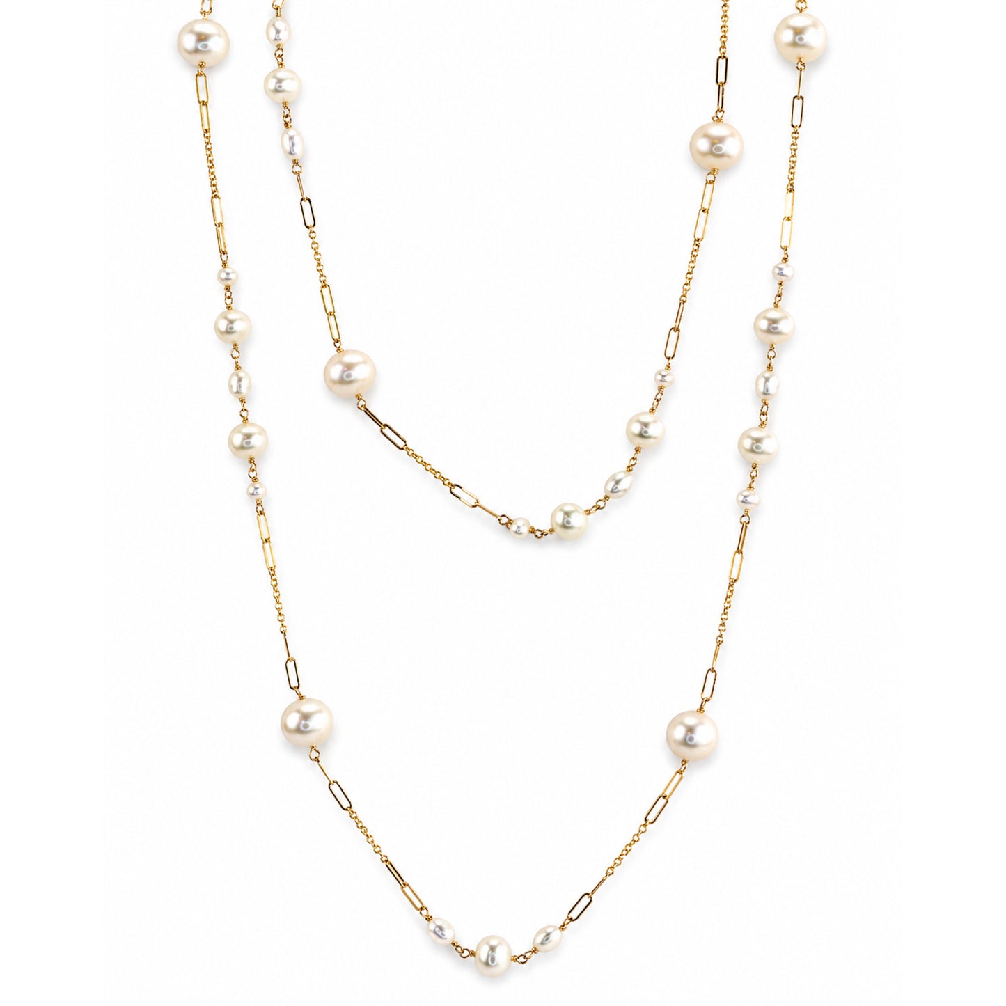 14k White Pearl Paperclip Station Necklace