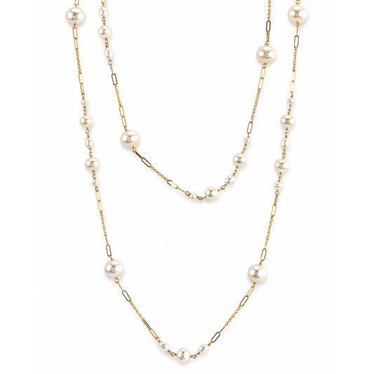 14k White Pearl Paperclip Station Necklace