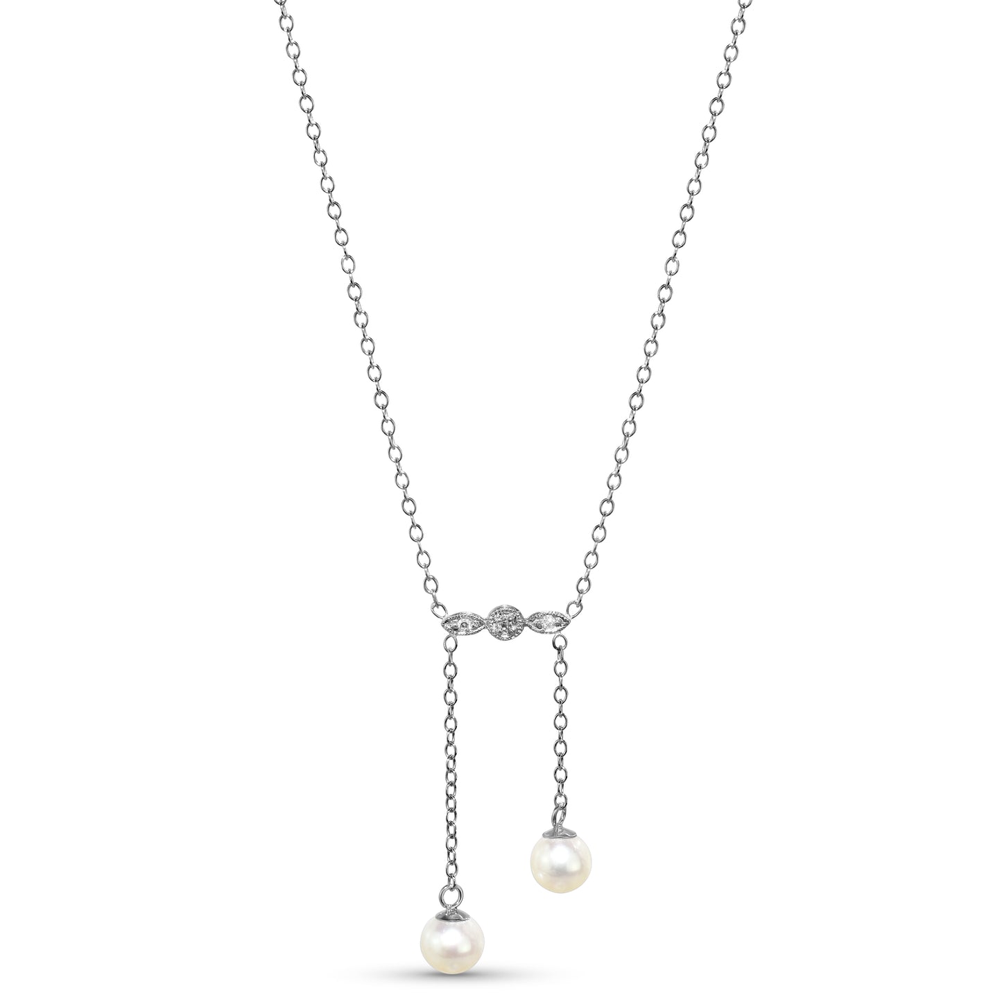 14k White Gold Pearl Diamond 2 Row Drop Necklace