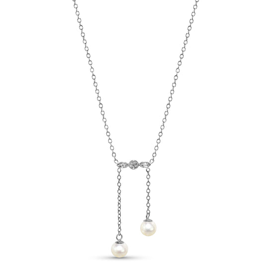 14k White Gold Pearl Diamond 2 Row Drop Necklace