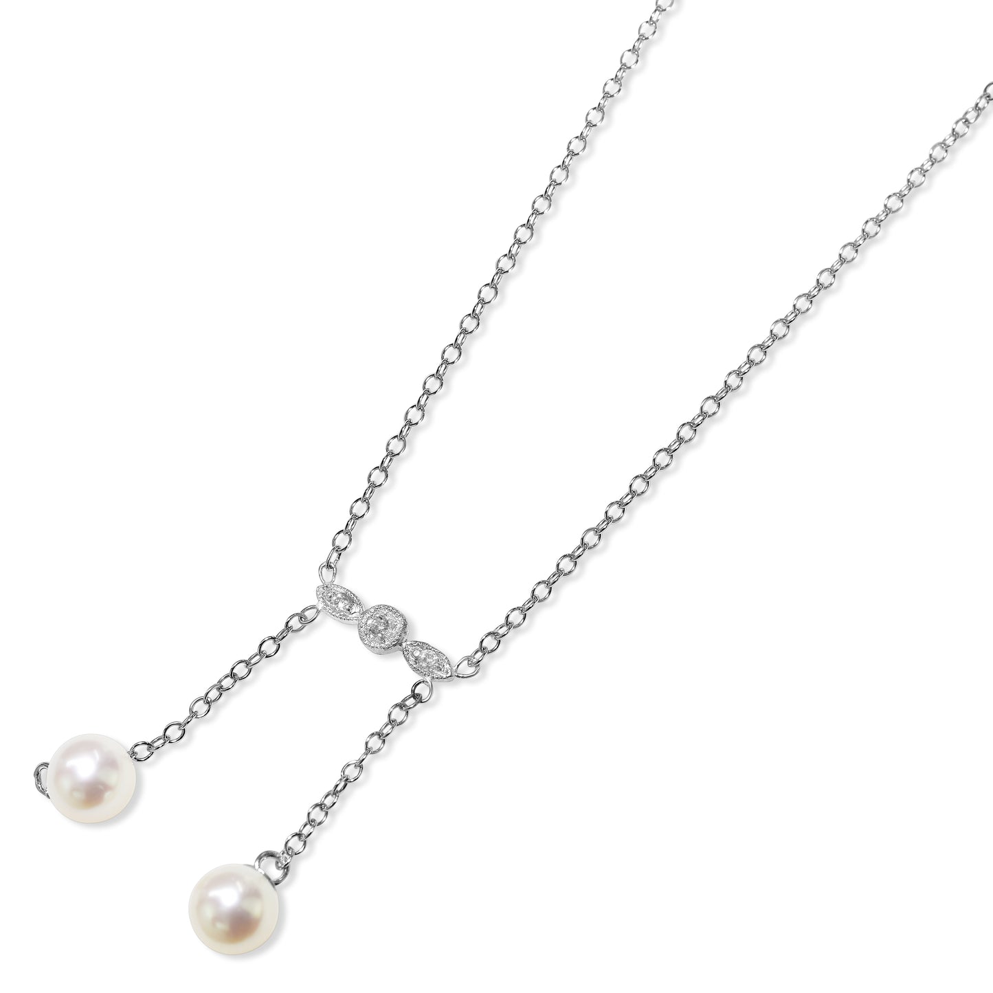 14k White Gold Pearl Diamond 2 Row Drop Necklace