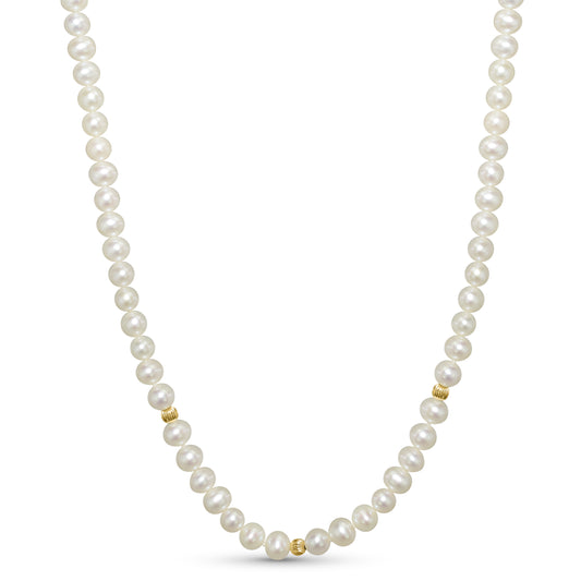 14k White Pearl Corrugated Gold Ball Necklace