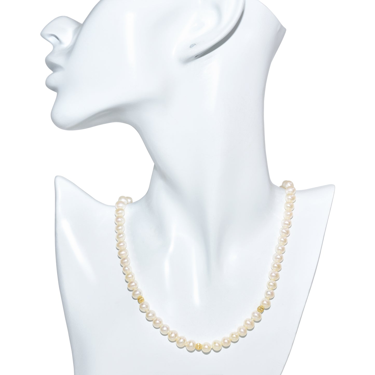 14k White Pearl Corrugated Gold Ball Necklace