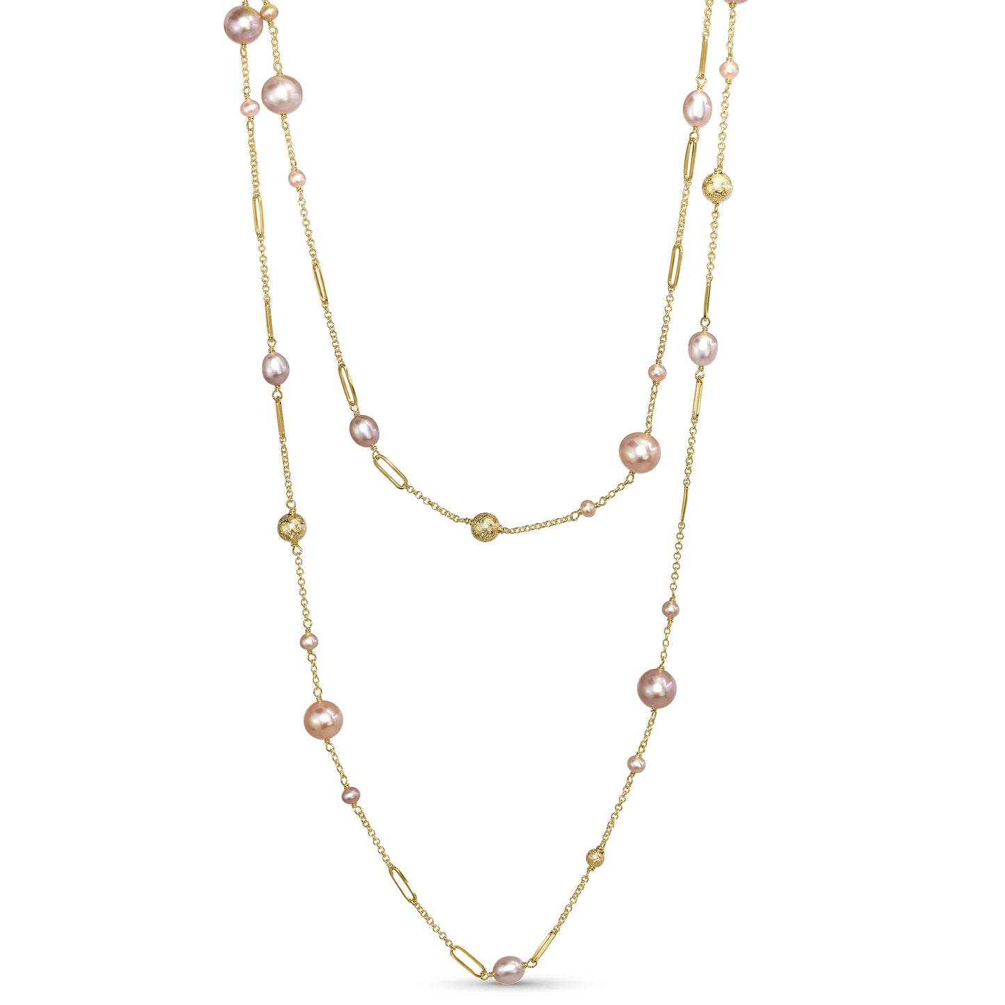 14k Natural Pink Pearl Paperclip Station Necklace