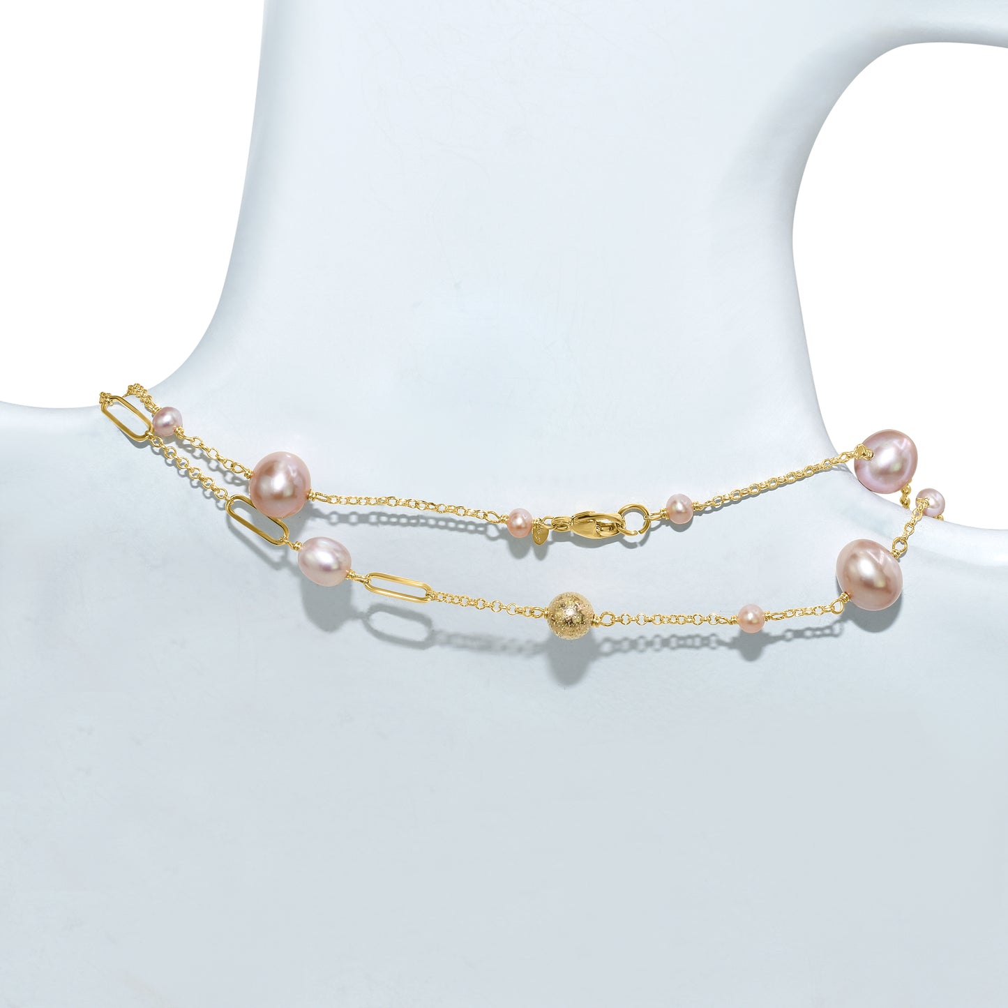 14k Natural Pink Pearl Paperclip Station Necklace