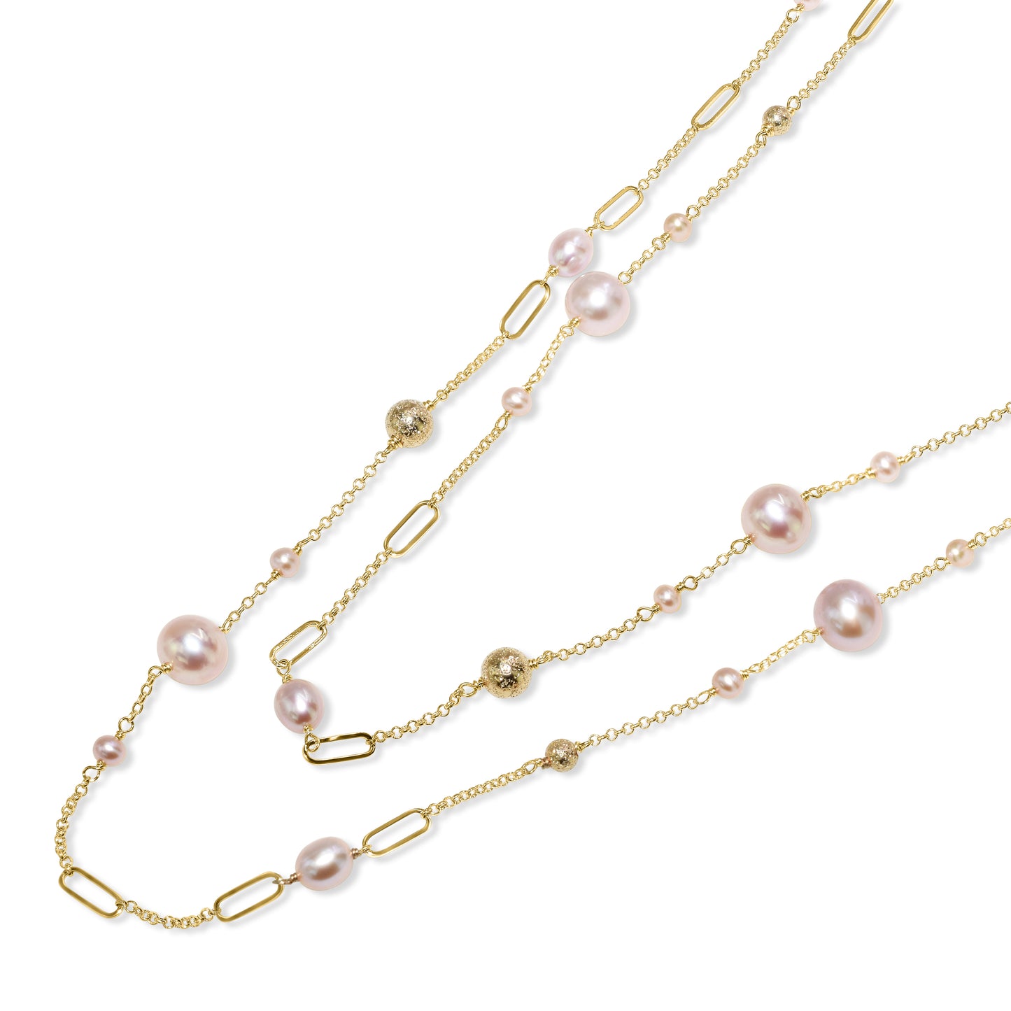 14k Natural Pink Pearl Paperclip Station Necklace