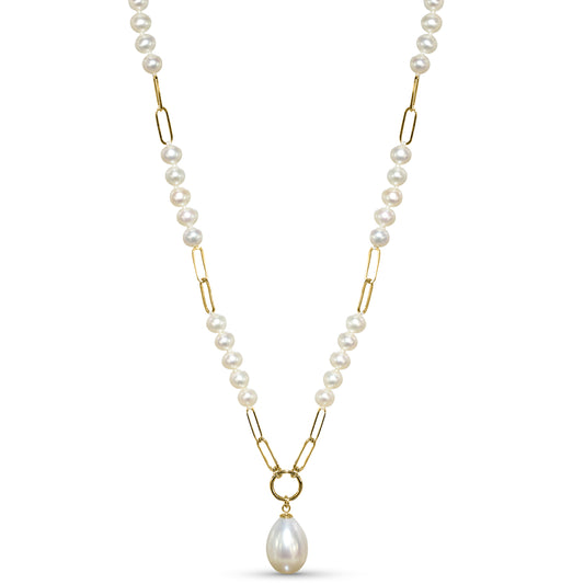 14k White Pearl Paperclip with Drop Pendant Necklace