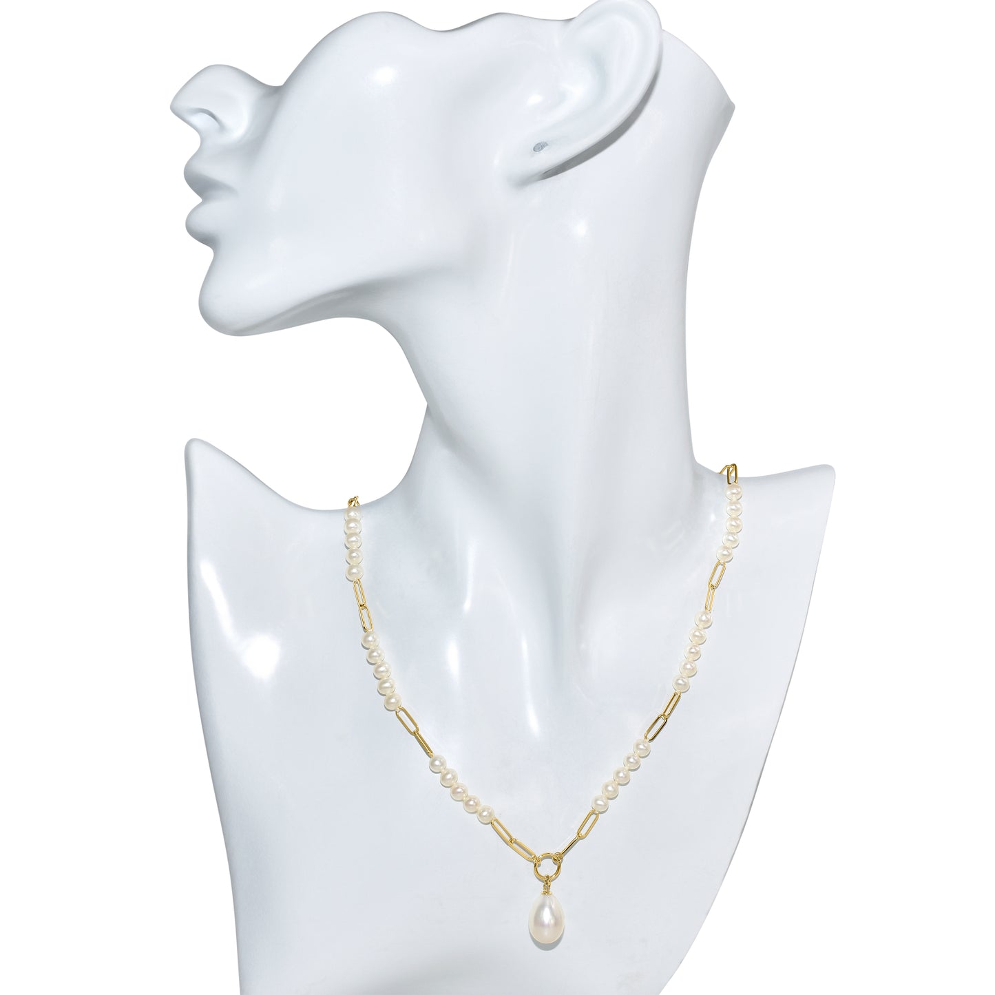 14k White Pearl Paperclip with Drop Pendant Necklace