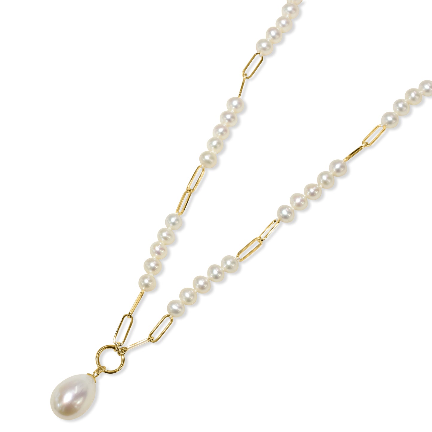 14k White Pearl Paperclip with Drop Pendant Necklace
