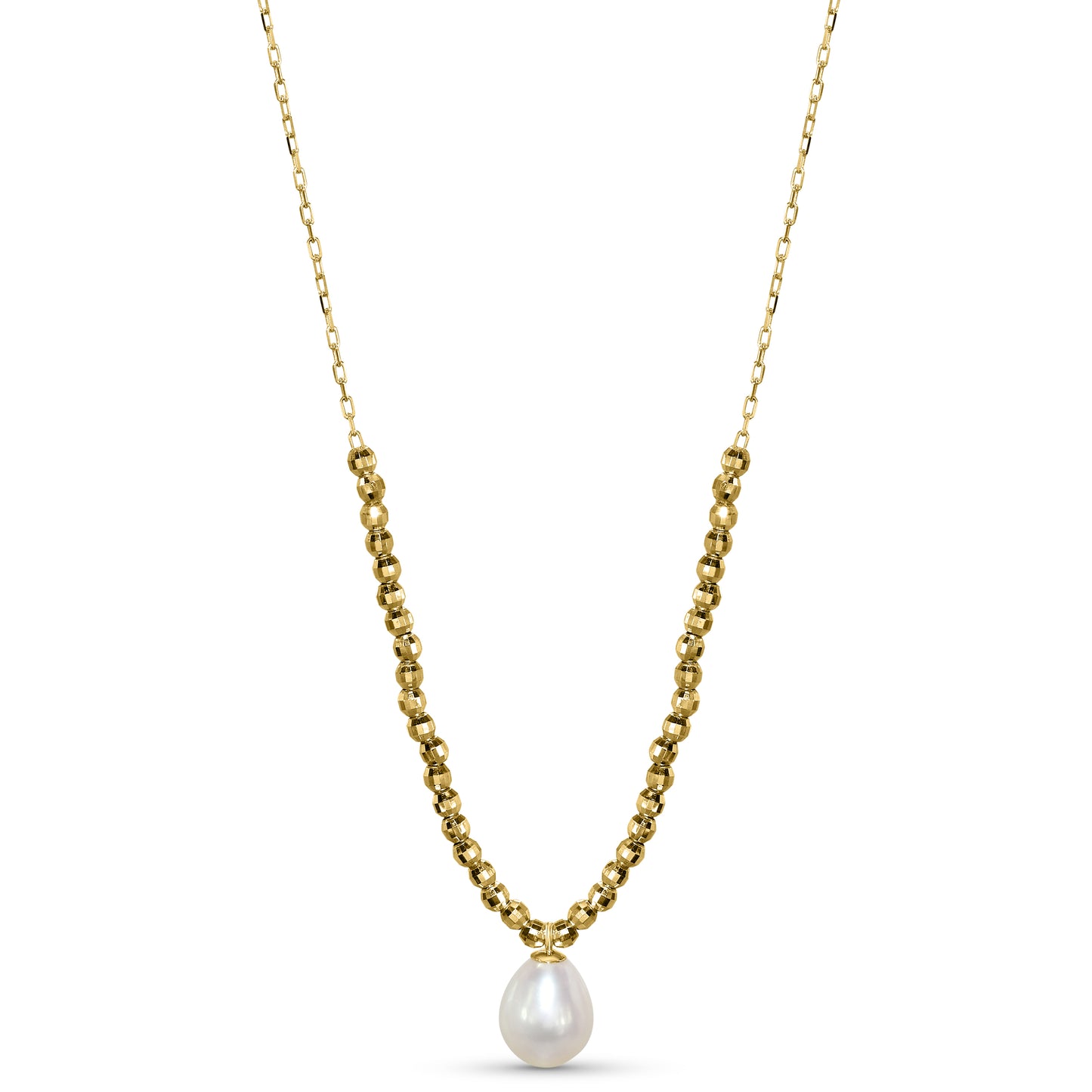 14k White Pearl Drop Faceted Gold Ball Necklace