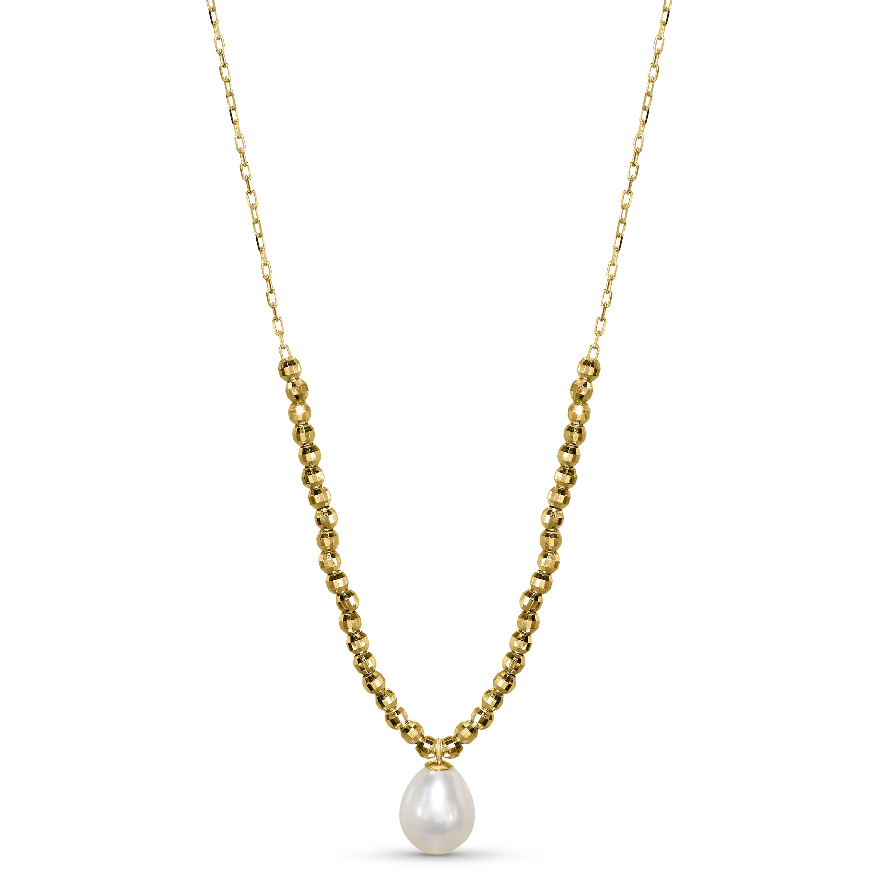 14k White Pearl Drop Faceted Gold Ball Necklace
