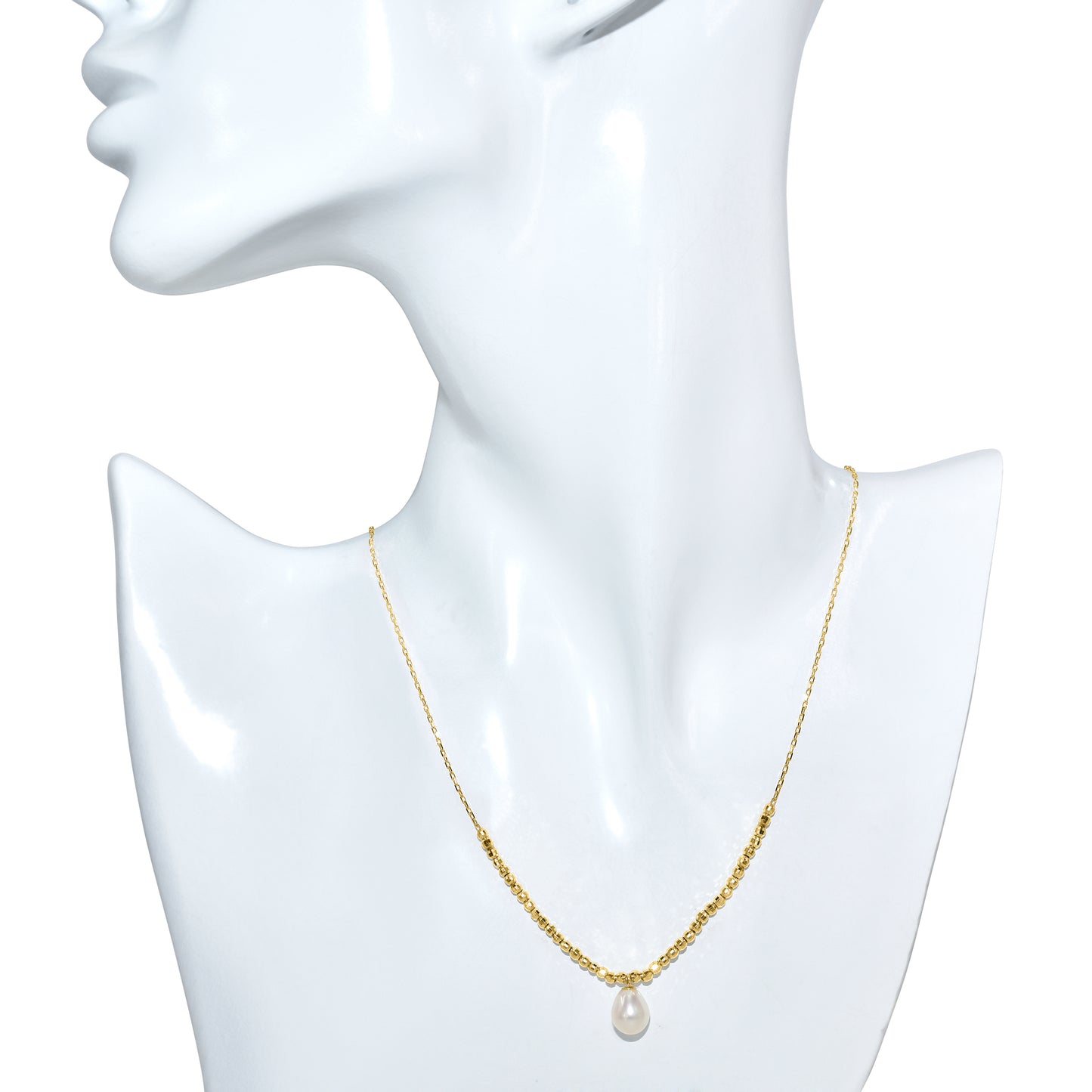 14k White Pearl Drop Faceted Gold Ball Necklace